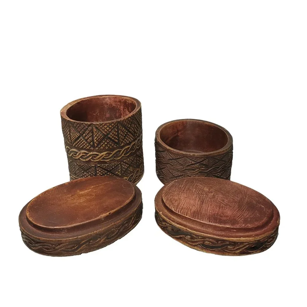 2/Set Faux Carved Wood Canisters Oval-Cylinder Vanity Dresser Storage Boho